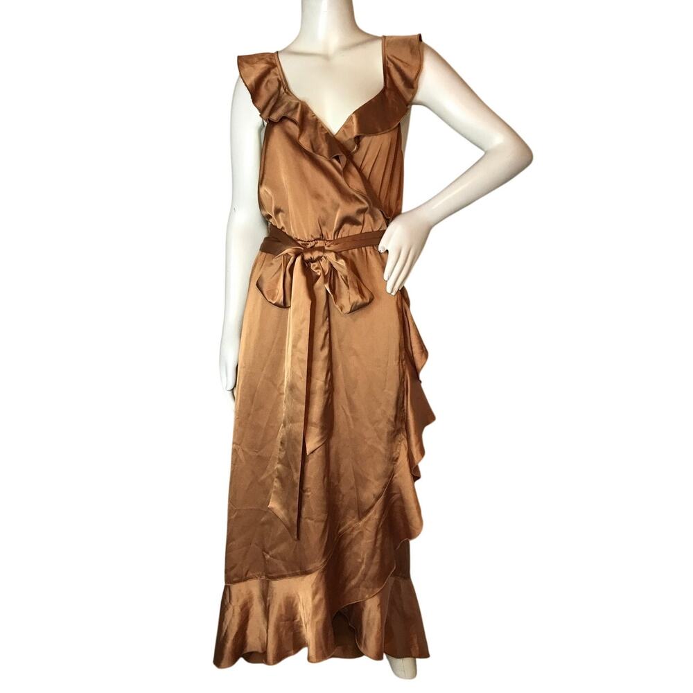 Show Me Your MuMu Copper Satin High-Low Ruffle Wrap Dress